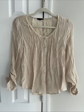 Light Beige Women's Button-Front Crinkle Blouse